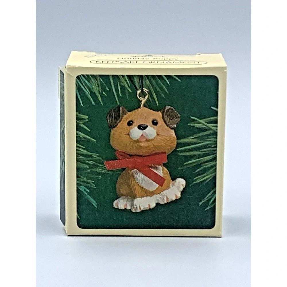 Holiday Puppy Hallmark Keepsake Ornament‎ 1983 Dog Red Ribbon Vintage